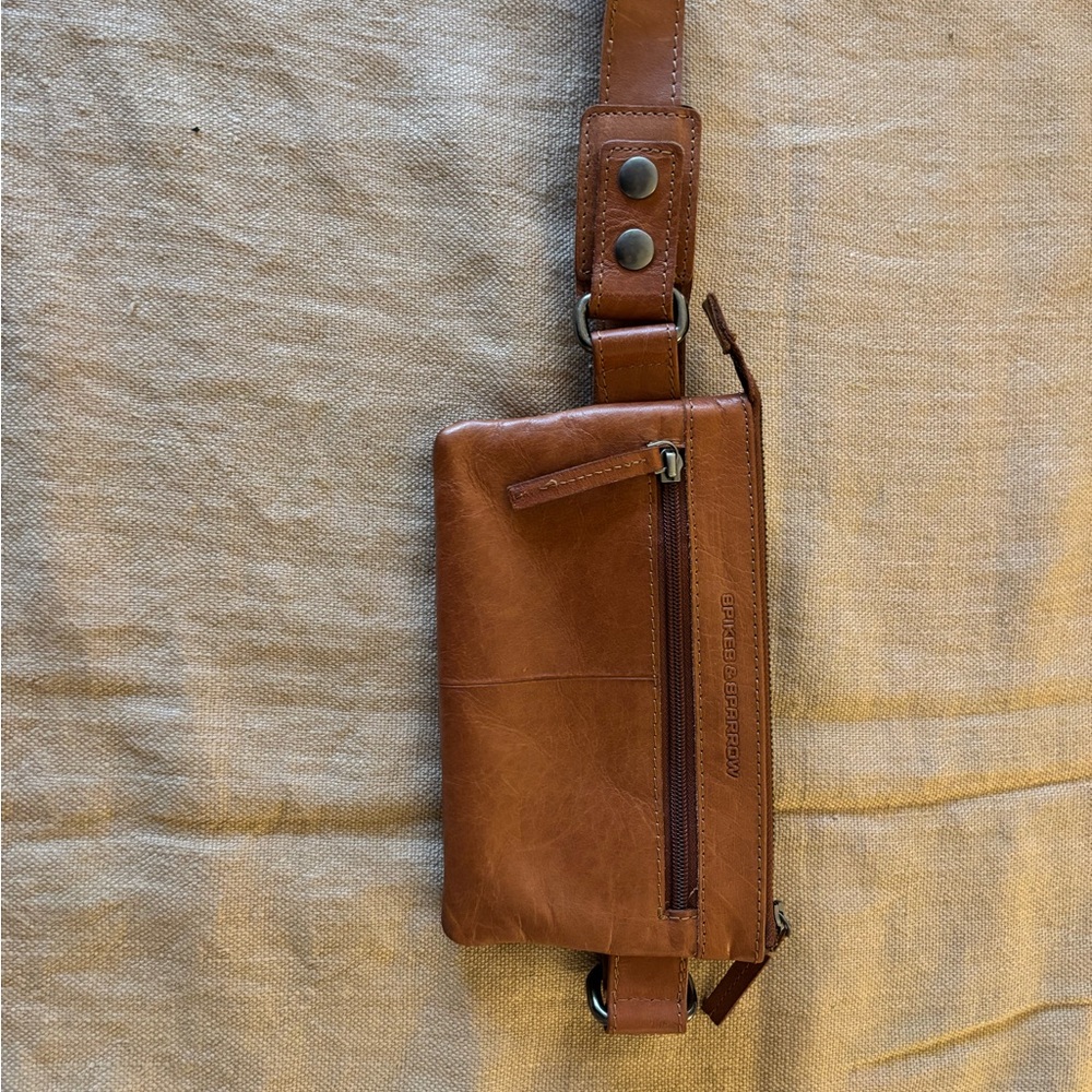 Tan leather belt bag zipper top